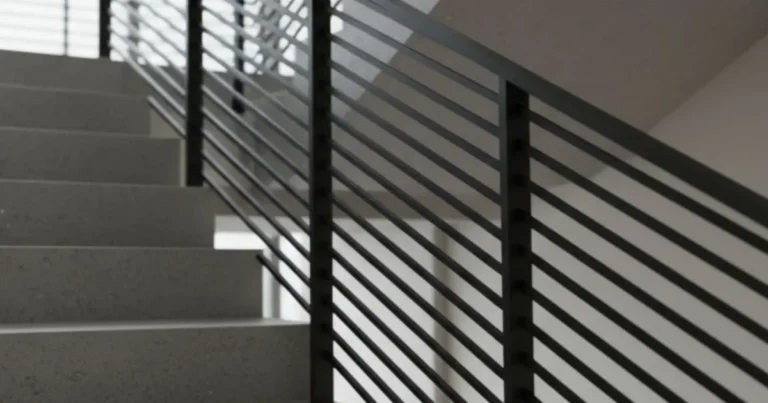 modern black metal railing with clean vertical bars and CNC-cut minimalist panels, installed on light wooden stairs in a Scandinavian-style home, white walls, large window light, realistic natural lighting, soft focus background, photorealistic interior design photo