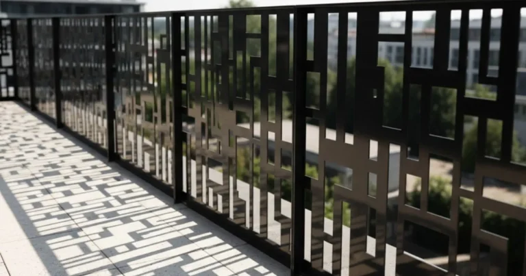 contemporary outdoor balcony railing made of laser-cut steel panels with a geometric triangle pattern, matte black finish, mounted on a terrace with grey stone flooring, sunny afternoon light, soft shadows, photorealistic high-quality image, modern house background