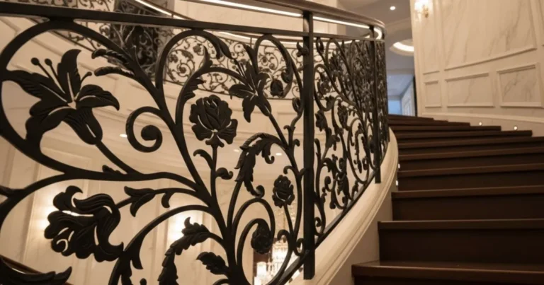 decorative interior staircase railing made of metal with CNC laser-cut floral design, black matte finish, installed in a modern classic home, warm indoor lighting, wood flooring, photorealistic interior, detailed metal reflections, elegant composition
