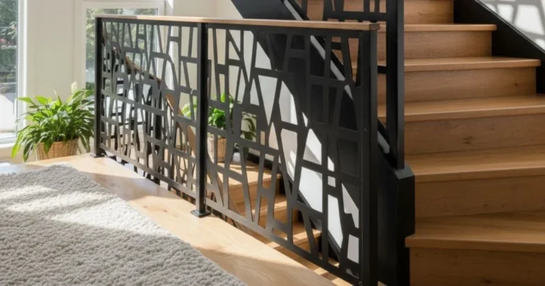 black metal railing with simple CNC-cut rectangular holes, mounted on oak stairs in a bright family home, cozy interior, sunlight through window, white walls, realistic perspective, high detail metal texture, photorealistic warm atmosphere